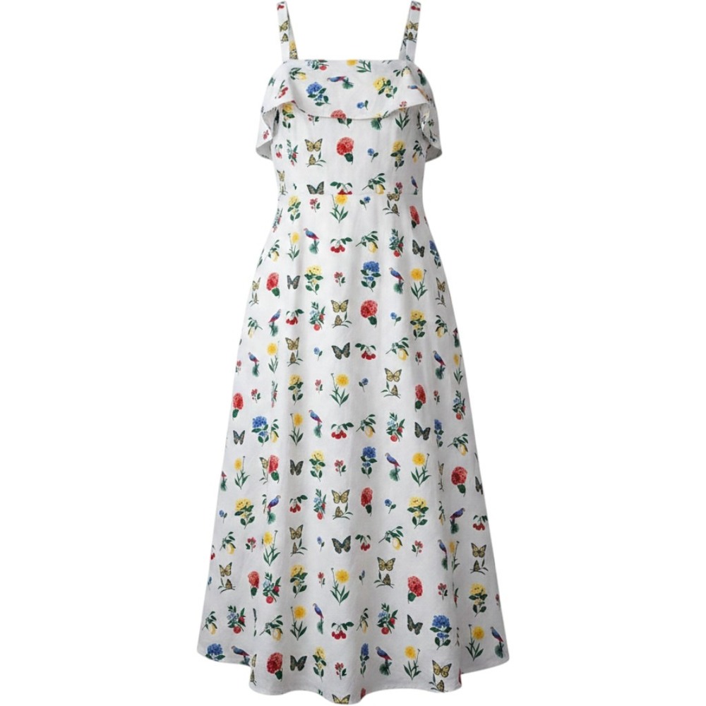 White Botanical Floral Butterfly Print Ruffle Midi Dress Sleeveless Garden Party
